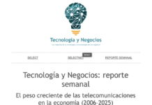 Select: El peso creciente de las telecomunicaciones en la economía (2006–2025) Select: Tecnología y Negocios: Reporte semanal. El peso creciente de las telecomunicaciones en la economía (2006 – 2025).