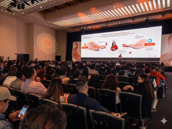 Alianza estratégica con Meta para transformar los canales de mensajería Auditorio completo en el Genesys Xperience observando una diapositiva sobre la