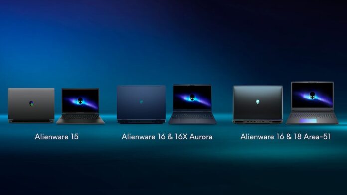 Infografía del portafolio de laptops Alienware 2026 que muestra la nueva segmentación de Dell Technologies: la serie Alienware 15 para entrada, la línea Alienware 16 y 16X Aurora para usuarios híbridos, y la gama Alienware 16 y 18 Area-51 para máximo rendimiento entusiasta.