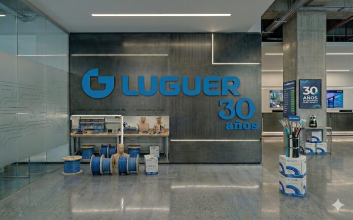 Instalaciones del laboratorio de entrenamiento técnico y cableado estructurado en las oficinas de Grupo Luguer. En la pared del fondo, un gran panel metálico de color gris oscuro exhibe el logotipo de la compañía en tipografía azul junto al texto conmemorativo 