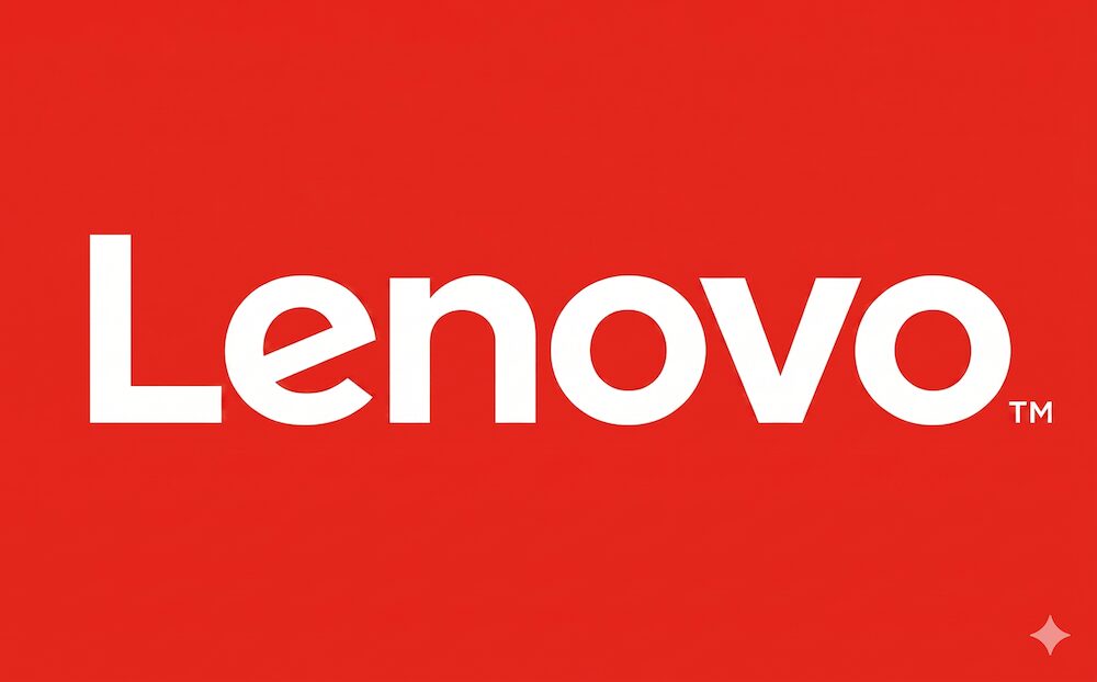 El logotipo corporativo oficial de Lenovo, escrito con letras de color blanco en una tipografía sans-serif limpia y moderna, centrado sobre un fondo rectangular de color rojo plano y brillante, acompañado del símbolo de marca registrada TM a la derecha de la letra o.