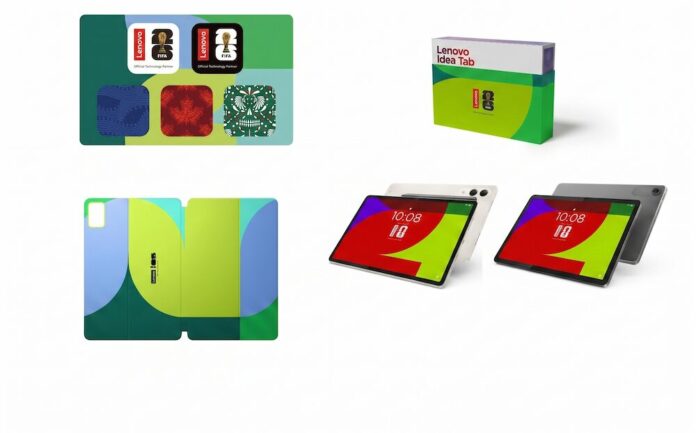 Lenovo lanza en México sus tabletas de edición especial inspiradas en la Copa Mundial de la FIFA 2026 Composición gráfica que muestra el empaque, accesorios y dispositivos de la tableta Lenovo Idea Tab FIFA World Cup 26 Edition sobre fondo blanco. En la esquina superior izquierda se aprecian los stickers oficiales y fondos temáticos del Mundial; abajo se muestra una funda protectora plegable de color verde limón y azul; y a la derecha, la caja de empaque junto a dos tabletas con pantallas encendidas que despliegan la hora y fondos coloridos alusivos al torneo.
