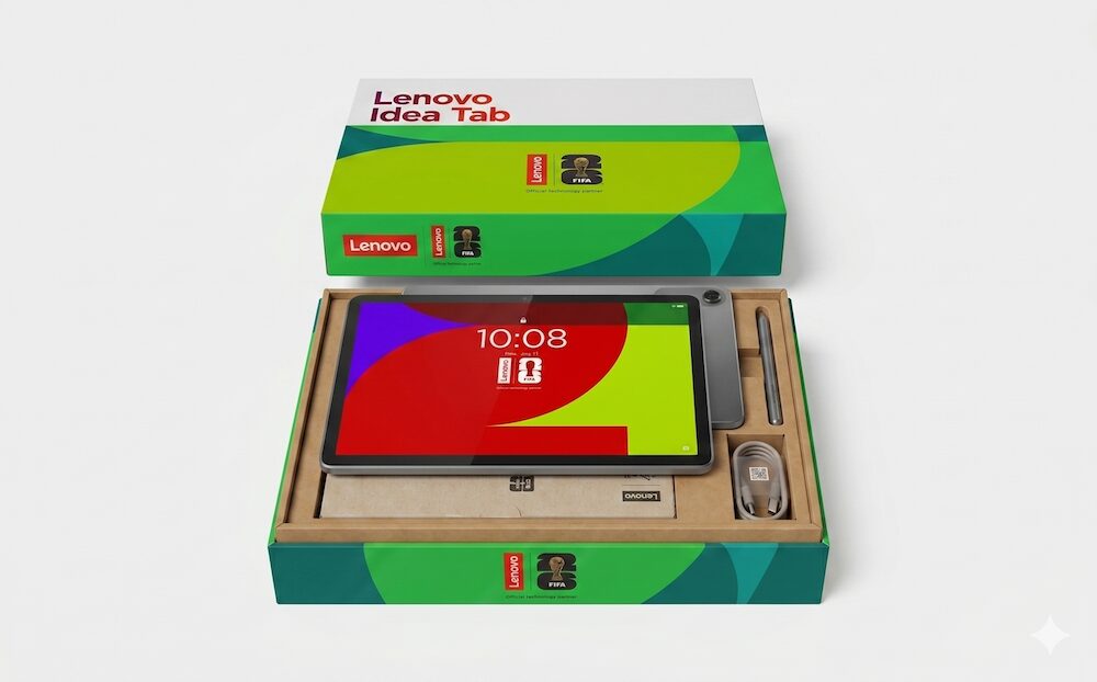 Vista del desempaque de la tableta Lenovo Idea Tab FIFA World Cup 26 Edition sobre un fondo blanco. La caja abierta de cartón reciclado revela el dispositivo en primer plano con la pantalla encendida mostrando un fondo de colores brillantes y el logotipo oficial del Mundial, acompañada en sus compartimentos laterales por el lápiz óptico Lenovo Pen y el cable de carga USB-C.