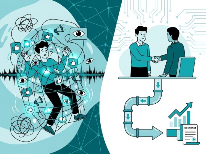 Ilustración sobre la diferencia entre métricas de vanidad en marketing digital y el flujo de ventas real en el sector IT B2B