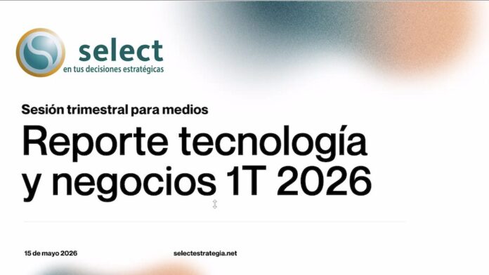 Lámina de presentación digital de la firma de análisis Select, con fondo blanco decorado con texturas granuladas en tonos azul, naranja y beige en los extremos superiores e inferiores. En el centro destaca el logotipo de la consultora junto al texto 
