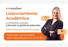 Soft Restaurant impulsa la digitalización restaurantera con pagos integrados y especialización del canal Banner publicitario digital de la marca Soft Restaurant titulado "Licenciamiento Académico". A la izquierda se lee el texto informativo en tonos naranja y negro, mientras que a la derecha aparece Aracelly Ramírez, Gerente de Relaciones Institucionales de la empresa, posando sonriente con los brazos cruzados y vistiendo una blusa oscura, complementada por pequeños iconos flotantes de "Comedor" y "Monitor ventas" sobre un fondo blanco con un cintillo naranja inferior que muestra sus datos de contacto y correo electrónico.