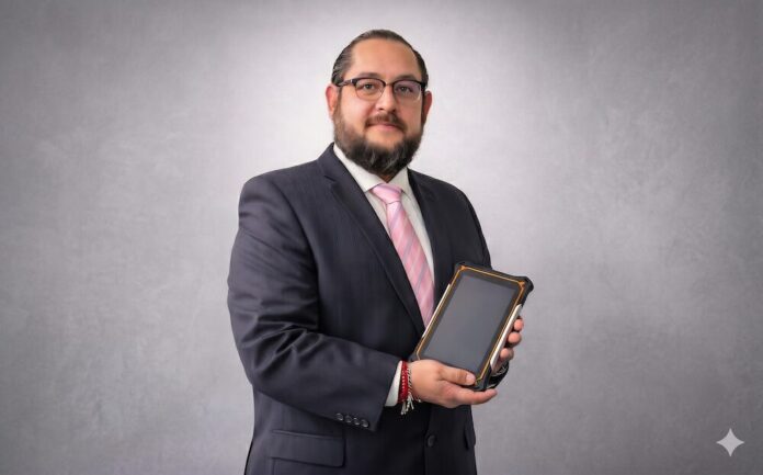 Carlos Sandoval, Director General de ML Rugged, sosteniendo una tableta de alta resistencia de grado industrial diseñada para soportar impactos, polvo y líquidos en operaciones críticas.