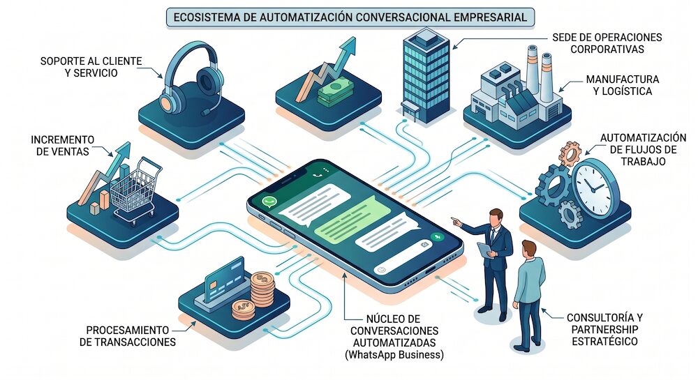 Ilustración infográfica isométrica en vectores con paleta de colores azul, verde y blanco, titulada Ecosistema de Automatización Conversacional Empresarial. En el centro geométrico aparece un teléfono inteligente que muestra burbujas de chat, etiquetado como Núcleo de conversaciones automatizadas (WhatsApp Business). De este dispositivo se extienden trazos de circuitos conectados a diversas plataformas elevadas que representan funciones del negocio: soporte al cliente (ícono de audífonos), incremento de ventas (carrito de compras y gráfica), procesamiento de transacciones (tarjeta de crédito y monedas), sede de operaciones (edificio corporativo), manufactura y logística (fábrica), automatización de flujos de trabajo (reloj y engranajes) y consultoría estratégica (dos ejecutivos de traje examinando el sistema).