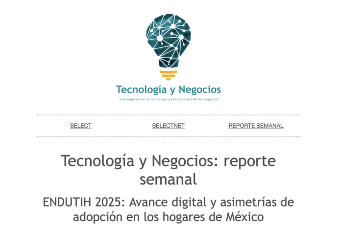Captura de pantalla de la cabecera de un boletín digital o portal web sobre fondo blanco. En la parte superior central se muestra un logotipo con la silueta de un foco turquesa formado por líneas y nodos interconectados que simulan redes de datos, junto con una base de líneas amarillas. Debajo del logotipo se lee el título principal 