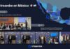 Streambe llega al mercado mexicano para acelerar proyectos de inteligencia artificial empresarial Infografía corporativa con fondo azul oscuro titulada "Streambe en México" acompañada de las banderas de México y Argentina. La sección superior derecha muestra un mapa de la República Mexicana con una ruta aérea discontinua que conecta la inscripción de "DF" con "Culiacán". El centro y la sección inferior integran una cuadrícula con fotos de reuniones en oficinas, visitas corporativas a Coppel, foros de la asociación IAB y la delegación en la embajada, cerrando abajo con el logotipo oficial de "streambe".