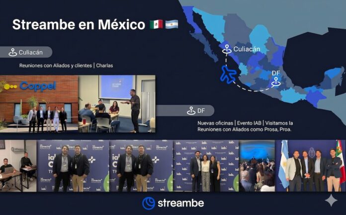 Infografía de Streambe detalla su mapa de vinculación industrial y encuentros clave en el país Infografía corporativa con fondo azul oscuro titulada