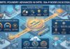 Intel fortalece oportunidades para el canal con avances en manufactura avanzada y compatibilidad de diseño en Intel 18A-P Ilustración infográfica tridimensional de un laboratorio tecnológico futurista donde científicos analizan un microchip central etiquetado como "INTEL FOUNDRY 18A-P NODE". En el borde superior se lee "INTEL FOUNDRY ADVANCES IN INTEL 18A-P NODE (VLSI 2026)". El gráfico incluye bloques informativos detallados: a la izquierda se destacan un aumento de rendimiento del 9% en iso-potencia y una reducción del 18% en consumo en iso-rendimiento; a la derecha se enumeran innovaciones técnicas como transistores GAA, suministro de energía Backside Power (BSPD) y mejoras térmicas; en la sección inferior se expone el bloque de I+D para innovaciones futuras a largo plazo como CFET e integración GaN + Si.
