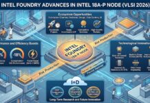Intel fortalece oportunidades para el canal con avances en manufactura avanzada y compatibilidad de diseño en Intel 18A-P Ilustración infográfica tridimensional de un laboratorio tecnológico futurista donde científicos analizan un microchip central etiquetado como "INTEL FOUNDRY 18A-P NODE". En el borde superior se lee "INTEL FOUNDRY ADVANCES IN INTEL 18A-P NODE (VLSI 2026)". El gráfico incluye bloques informativos detallados: a la izquierda se destacan un aumento de rendimiento del 9% en iso-potencia y una reducción del 18% en consumo en iso-rendimiento; a la derecha se enumeran innovaciones técnicas como transistores GAA, suministro de energía Backside Power (BSPD) y mejoras térmicas; en la sección inferior se expone el bloque de I+D para innovaciones futuras a largo plazo como CFET e integración GaN + Si.