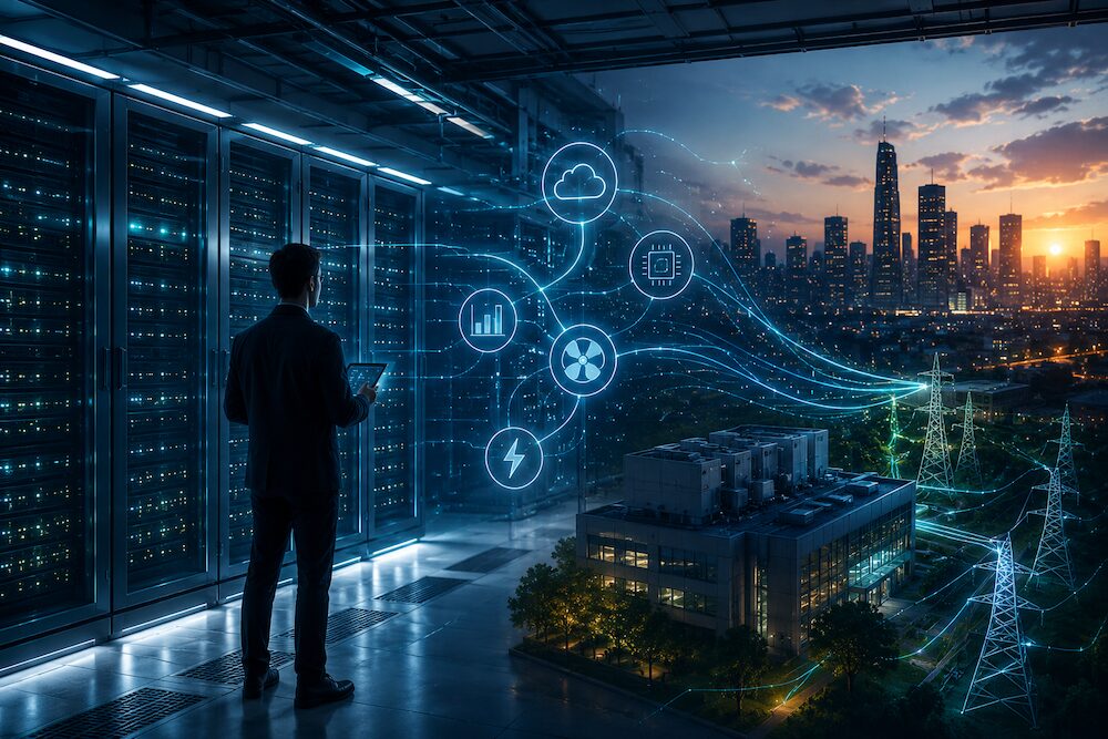 Ilustración conceptual de un centro de datos con hileras de armarios de servidores iluminados con luces LED azules a la izquierda. Un ingeniero en traje oscuro y de espaldas sostiene una tableta electrónica mientras observa un esquema holográfico azul con iconos de una nube, un microchip, gráficos de barras, un ventilador y un rayo eléctrico. Del holograma emergen líneas de datos luminosas que conectan directamente con un edificio de infraestructura y torres de alta tensión en el exterior. Al fondo se distingue la silueta de una gran ciudad de rascacielos bajo un cielo crepuscular durante el atardecer.