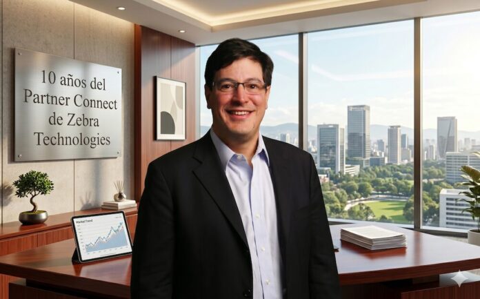 Fotografía corporativa en plano medio y de frente de Mauricio López, Vicepresidente de canales para América Latina en Zebra Technologies. El ejecutivo, sonriente y con lentes de armazón delgado, viste un saco negro formal sobre una camisa azul claro de cuello abierto. Se encuentra de pie en una oficina de alta dirección detrás de un escritorio de madera ejecutiva que sostiene una tableta digital con gráficas de tendencias y un fajo de documentos. A la izquierda, un muro texturizado exhibe una placa metálica con la inscripción 