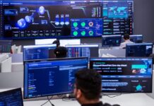Fortinet presenta FortiSOC, su nueva plataforma SOC unificada impulsada por IA agéntica Fotografía en plano general largo, tomada desde una perspectiva trasera elevada, que muestra el interior de un centro de operaciones de seguridad (SOC) de Fortinet de alta tecnología. En primer plano, la silueta desenfocada de la nuca y el rostro de perfil de un analista frente a su monitor introduce la escena. Múltiples ingenieros y técnicos de seguridad trabajan en sus estaciones individuales equipadas con pantallas de visualización de datos. Al frente, un gran videowall o panel central de pantallas gigantes despliega el panel de control unificado de FortiSOC, mostrando gráficos tridimensionales de flujos de amenazas, mapas globales de ataques en tiempo real, barras de rendimiento operativo y una alerta de brote crítico de ciberseguridad titulada "Microsoft SharePoint Zero-day Attack".