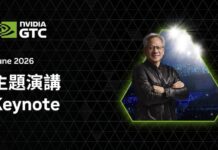 NVIDIA y Microsoft presentan RTX Spark, una nueva generación de PC con IA para Windows Gráfico publicitario digital con fondo negro texturizado por un patrón repetitivo de pequeños triángulos oscuros. En la esquina superior izquierda se muestra el logotipo verde y blanco de "NVIDIA GTC". Abajo se lee el texto en inglés "June 2026", seguido de caracteres en chino tradicional "主題演講" y la palabra "Keynote" en letras blancas grandes. En el lado derecho, dentro de un marco hexagonal iluminado con un borde verde brillante, se observa un retrato de Jensen Huang sonriendo con los brazos cruzados y vistiendo su clásica chaqueta de cuero negra, con un fondo difuminado de un auditorio masivo bajo potentes reflectores blancos.
