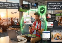 Norton alerta sobre estafas digitales que aprovechan la pasión por el fútbol y los viajes de verano Ilustración conceptual de un aficionado al fútbol sentado en la sala de espera de un aeropuerto con un portátil y una tableta viendo un partido. El hombre viste una playera azul y una bufanda roja de "NORTH AMERICA", mientras revisa su teléfono celular rodeado por un escudo cibernético verde brillante con una marca de verificación. A su alrededor flotan ventanas y etiquetas flotantes informativas en blanco y negro que advierten sobre amenazas digitales como "Wi-Fi Público No Seguro de Aeropuerto", "IPTV Ilegal", "Phishing Detectado", "Fake CAPTCHA", "Hidden malwares" y una oferta fraudulenta titulada "FIFA Empleo Falso". Al fondo se aprecian ventanas grandes con aviones en la pista de aterrizaje bajo un sol poniente y otros pasajeros esperando.