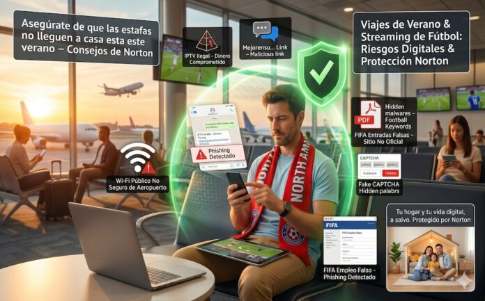 Norton alerta sobre el incremento de fraudes digitales y riesgos cibernéticos durante los torneos de fútbol de verano Ilustración conceptual de un aficionado al fútbol sentado en la sala de espera de un aeropuerto con un portátil y una tableta viendo un partido. El hombre viste una playera azul y una bufanda roja de