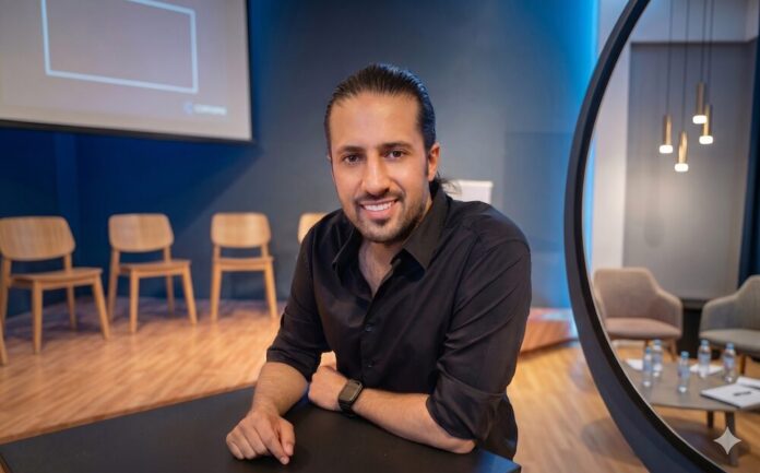 Retrato en plano medio e interior de Ricardo Castillo, Director General de Vica, posando sonriente y con los brazos cruzados sobre una mesa negra en primer plano. El directivo, con cabello largo peinado hacia atrás y barba de candado corta, viste una camisa formal negra y porta un reloj inteligente en su muñeca izquierda. El fondo difuminado muestra un estudio o sala de conferencias con piso de madera, sillas de madera ligera dispuestas en un escenario bajo una pantalla de proyección apagada y modernas lámparas colgantes encendidas.