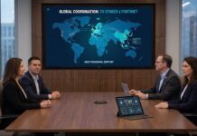 TD SYNNEX fortalece su alianza con Fortinet como distribuidor global aprobado Fotografía en plano general de una sala de juntas corporativa iluminada donde cuatro ejecutivos de TI, dos mujeres y dos hombres vestidos con sacos formales, se encuentran sentados a los costados de una mesa rectangular de madera. Al fondo, una pantalla gigante empotrada en una pared con paneles de madera despliega un mapamundi digital azul con nodos interconectados por líneas de datos entre Norteamérica, Europa y Asia, bajo el título "GLOBAL COORDINATION: TD SYNNEX y FORTINET" y la leyenda "MULTIRREGIONAL SUPPORT". Sobre la mesa descansa una computadora portátil abierta y una tableta digital en primer plano que muestra gráficos analíticos de ciberseguridad corporativa.