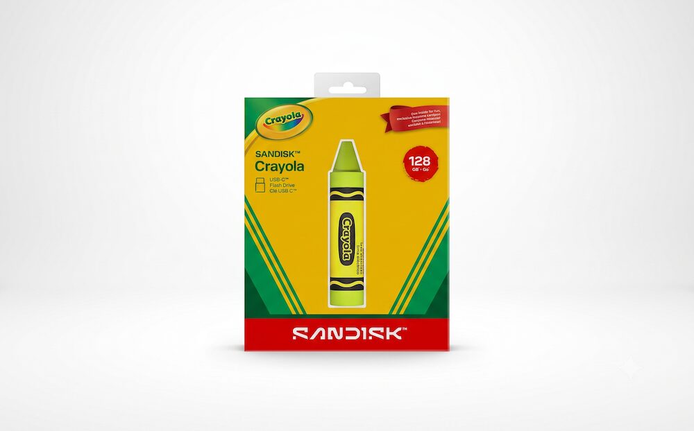 Fotografía de producto mostrando el empaque amarillo y verde de la memoria SanDisk Crayola. En la parte central destaca el dispositivo USB-C de 128 GB, cuyo diseño se asemeja a un clásico crayón escolar de color verde lima con su respectiva etiqueta de papel simulada.