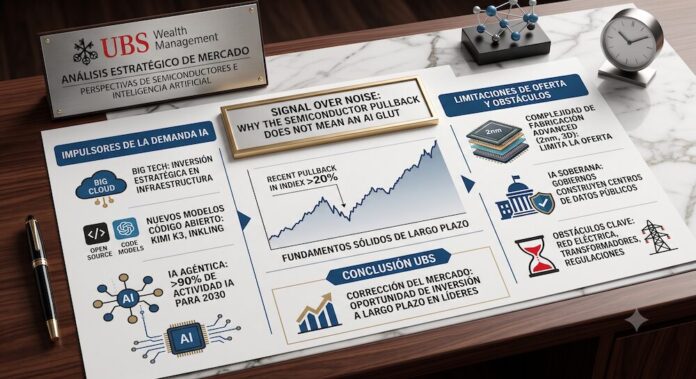 Infografía posada sobre un escritorio de mármol junto a un bolígrafo, un reloj de mesa y un adorno geométrico. El documento exhibe el logotipo de UBS Wealth Management y el título 