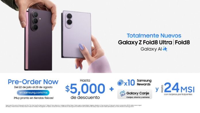 Arranca la preventa de los nuevos Galaxy Z Fold8 Ultra y Z Fold8 en México con beneficios exclusivos Banner promocional sobre fondo claro que muestra dos manos sosteniendo los teléfonos inteligentes plegables de Samsung: uno en color oscuro (Violeta Sombra) y otro en tono claro (Lavanda). El gráfico incluye el texto