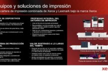 Xerox integra a Lexmark para fortalecer el negocio del canal con un portafolio más amplio Infografía corporativa con fondo dividido de forma vertical: el lado izquierdo es negro con textos explicativos en blanco, y el lado derecho es un fondo degradado rojo con imágenes tridimensionales de equipos de impresión empresarial de Xerox y Lexmark. El título principal reza "Equipos y soluciones de impresión: Una cartera de impresión combinada de Xerox y Lexmark bajo la marca Xerox". El panel izquierdo desglosa las viñetas de "Cartera de dispositivos ampliada", "Ecosistema de producción integral", "Propiedad integral del entorno de impresión" y "Valor sostenido a lo largo del tiempo". El lado derecho exhibe imágenes de prensas de producción industrial rotuladas como "Xerox Proficio PX500", "Xerox Iridesse" y "Xerox IJP900".