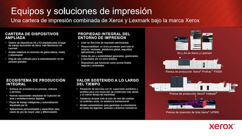 Catálogo consolidado de hardware y prensas de producción digital unificado bajo la marca Xerox. Infografía corporativa con fondo dividido de forma vertical: el lado izquierdo es negro con textos explicativos en blanco, y el lado derecho es un fondo degradado rojo con imágenes tridimensionales de equipos de impresión empresarial de Xerox y Lexmark. El título principal reza