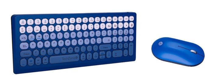 Fotografía de un teclado y un mouse inalámbricos sobre un fondo blanco. El teclado presenta un chasis azul oscuro con 99 teclas redondas dispuestas en un degradado visual: la fila superior es blanca, seguida de tonos azul claro en el centro y azul oscuro en la parte inferior. A la derecha, se observa un mouse de diseño curvo en color azul sólido con una rueda de desplazamiento plateada y el logotipo de TechZone.