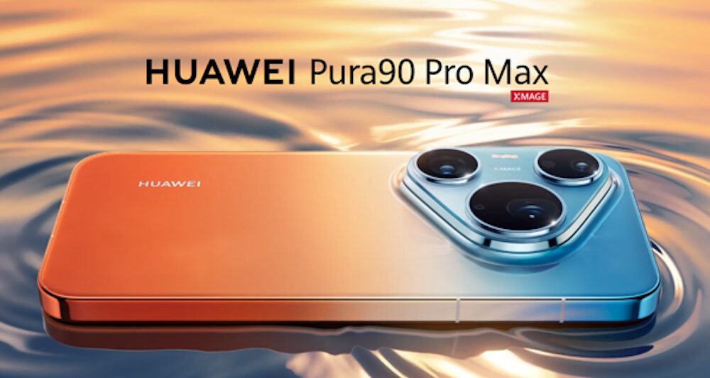 Imagen publicitaria del HUAWEI Pura 90s Pro Max recostado horizontalmente sobre una superficie líquida reflectante con ondas sutiles de agua que simulan el crepúsculo. El teléfono exhibe su parte posterior de cristal con un acabado degradado de dos tonos en su marco metálico central, transitando fluidamente desde un tono naranja vibrante en la izquierda hasta un azul celeste brillante en la derecha donde se ubica el módulo triangular de tres cámaras XMAGE. En la parte superior de la imagen se lee el título centrado "HUAWEI Pura 90s Pro Max" con la etiqueta roja de XMAGE abajo.