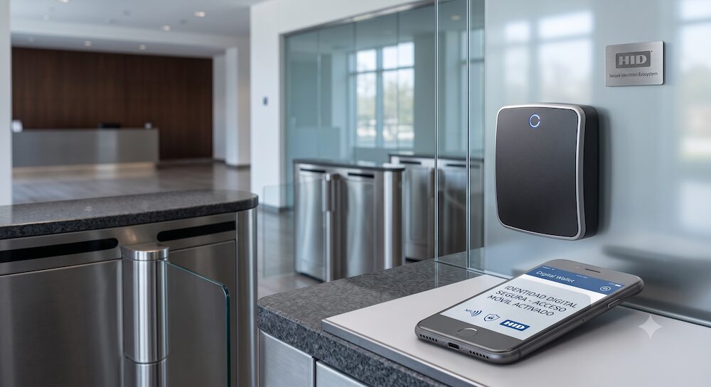Identidades seguras: Fotografía de un moderno acceso corporativo. En primer plano, sobre un mostrador, descansa un teléfono inteligente cuya pantalla muestra una billetera digital con el texto "IDENTIDAD DIGITAL SEGURA - ACCESO MÓVIL ACTIVADO" y el logotipo de HID. Junto al dispositivo, montado sobre un panel de cristal, se encuentra un elegante lector de acceso negro debajo de una placa metálica que dice "HID Secure identities Ecosystem". En el fondo desenfocado se aprecian torniquetes de seguridad de acero inoxidable.
