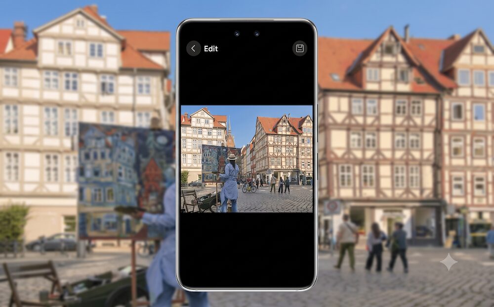 Fotografía de un teléfono inteligente mostrando su pantalla en modo edición de galería. Se visualiza la imagen de una plaza europea con edificios tradicionales y transeúntes, en proceso de ser retocada.
