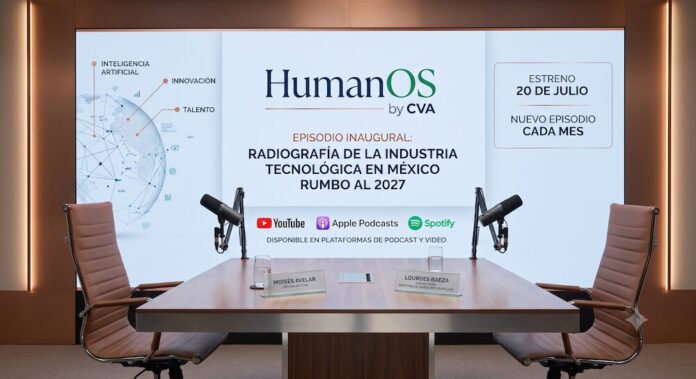 Fotografía del set de grabación de un videopodcast. En primer plano, se observa una mesa de madera con dos sillas de oficina de cuero marrón enfrentadas y dos micrófonos articulados. Sobre la mesa hay dos placas con los nombres 