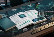 HPE acelera una infraestructura eficiente y segura para impulsar la IA responsable Composición gráfica fotorrealista sobre un escritorio oscuro que muestra elementos del "11º INFORME ANUAL LIVING PROGRESS | FY25" de Hewlett Packard Enterprise. En el centro descansa un libro abierto con gráficos estadísticos, junto a representaciones en miniatura de un rack de servidores y un centro de datos modular. Alrededor del libro flotan textos holográficos, mapas y líneas de conexión que mencionan a Siemens Energy, HPE GreenLake e Isambard-AI, junto con métricas destacadas de 96%, 87% y 72%. En la parte inferior derecha, se alinean pequeños bloques a modo de reconocimientos con los nombres de Fortune 100, CDP Climate A List, EcoVadis, Ethisphere y KnowTheChain.