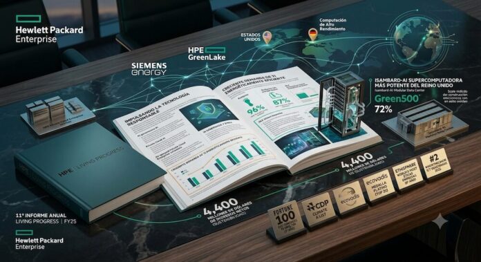 HPE impulsa la Inteligencia Artificial responsable y la eficiencia energética en su 11.º Informe anual Living Progress Composición gráfica fotorrealista sobre un escritorio oscuro que muestra elementos del