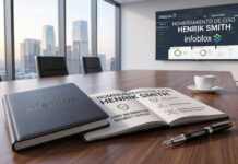 Infoblox fortalece su estrategia de ciberseguridad con el nombramiento de Henrik Smith como CISO Fotografía de una sala de juntas corporativa con grandes ventanales y vista a la ciudad. En primer plano, sobre una mesa de madera, se observa una libreta negra cerrada con el logotipo de Infoblox, un bolígrafo, una taza de café y una agenda abierta que muestra el texto "NOMBRAMIENTO DE CISO: HENRIK SMITH" junto a íconos de ciberresiliencia y gestión de riesgos. Al fondo, una pantalla de presentación proyecta el anuncio oficial del nuevo directivo acompañado de métricas y gráficas operativas.