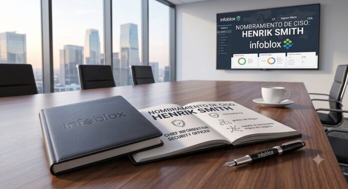 Fotografía de una sala de juntas corporativa con grandes ventanales y vista a la ciudad. En primer plano, sobre una mesa de madera, se observa una libreta negra cerrada con el logotipo de Infoblox, un bolígrafo, una taza de café y una agenda abierta que muestra el texto 
