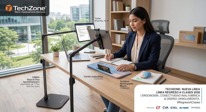 Infografía promocional de la nueva línea de ecosistemas ergonómicos TechZone para el Regreso a Clases 2026 Infografía publicitaria de TechZone para el Regreso a Clases 2026. Una joven ejecutiva o estudiante está sentada en su escritorio frente a un gran ventanal de oficina, tomando notas en una libreta. En el escritorio de madera se aprecian una laptop, un mouse inalámbrico degradado sobre una libreta y el combo inalámbrico de teclado degradado con un smartphone inclinado en su ranura integrada. A la izquierda del escritorio, se levanta una base de piso negra y articulada de la marca que sostiene una tableta iPad Pro de 12.9 pulgadas a la altura de la vista. Varias etiquetas de texto señalan los nombres de los productos como