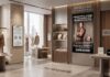 Samsung México impulsa el retail de moda con soluciones de visualización inteligente Fotografía del interior de una tienda de ropa elegante y moderna que funciona como el centro de experiencia de Samsung. Destacan varias pantallas digitales integradas en el mobiliario de madera y mármol: una pantalla vertical grande exhibe un anuncio tridimensional de una modelo con joyas bajo el texto "Samsung Spatial Signage", y otra pantalla más pequeña en una columna promociona "Samsung Color E-Paper". También se observan maniquíes con prendas en tonos neutros, bolsos de diseñador y un mostrador con una tableta interactiva.