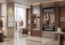 Samsung México impulsa el retail de moda con soluciones de visualización inteligente Fotografía del interior de una tienda de ropa elegante y moderna que funciona como el centro de experiencia de Samsung. Destacan varias pantallas digitales integradas en el mobiliario de madera y mármol: una pantalla vertical grande exhibe un anuncio tridimensional de una modelo con joyas bajo el texto "Samsung Spatial Signage", y otra pantalla más pequeña en una columna promociona "Samsung Color E-Paper". También se observan maniquíes con prendas en tonos neutros, bolsos de diseñador y un mostrador con una tableta interactiva.