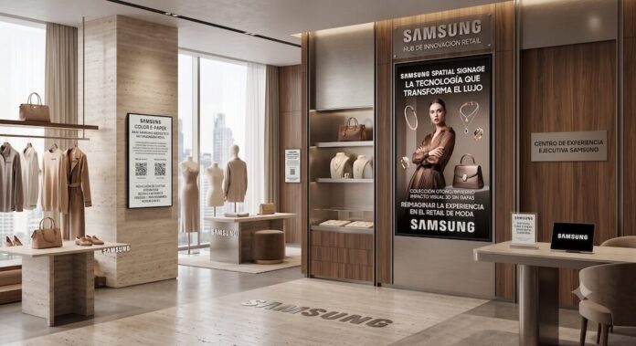 Fotografía del interior de una tienda de ropa elegante y moderna que funciona como el centro de experiencia de Samsung. Destacan varias pantallas digitales integradas en el mobiliario de madera y mármol: una pantalla vertical grande exhibe un anuncio tridimensional de una modelo con joyas bajo el texto 