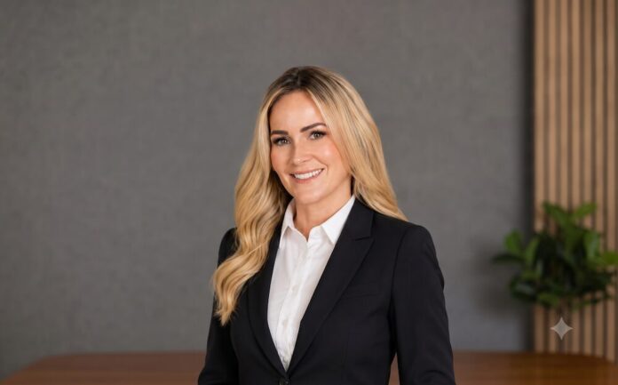 Liderazgo estratégico para la transformación del ecosistema de socios de HPE en México Retrato corporativo de plano medio de Laura Gómez, quien posa sonriente mirando directamente a la cámara. La ejecutiva, de largo cabello rubio con ondas suaves, viste un saco negro formal sobre una camisa blanca de cuello. El fondo sutilmente desenfocado muestra un ambiente de oficina moderno con una pared gris texturizada, un panel arquitectónico de madera acanalada a la derecha y una pequeña planta verde decorativa sobre un escritorio de madera en primer plano.