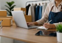 Flow explica cómo elegir entre marketplaces y canales propios para impulsar el crecimiento del negocio Fotografía de una persona emprendedora vistiendo un delantal de mezclilla, sentada frente a un escritorio de madera. Está utilizando una computadora portátil con una mano mientras toma notas en una libreta con la otra. Sobre la mesa se observan varias cajas de cartón apiladas para envíos, un carrito de supermercado en miniatura y una tablet. Al fondo, ligeramente desenfocado, se aprecia un perchero con prendas de vestir y una planta de interiores.