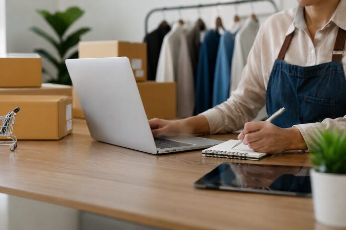 Marketplaces frente a canales propios. La decisión estratégica para el éxito en el comercio electrónico Fotografía de una persona emprendedora vistiendo un delantal de mezclilla, sentada frente a un escritorio de madera. Está utilizando una computadora portátil con una mano mientras toma notas en una libreta con la otra. Sobre la mesa se observan varias cajas de cartón apiladas para envíos, un carrito de supermercado en miniatura y una tablet. Al fondo, ligeramente desenfocado, se aprecia un perchero con prendas de vestir y una planta de interiores.
