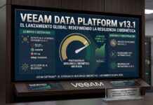 Veeam fortalece la resiliencia cibernética con Data Platform v13.1 para acelerar la recuperación de datos Pantalla digital interactiva en un entorno de centro de datos que exhibe un panel de control de "VEEAM DATA PLATFORM v13.1". El gráfico muestra apartados sobre soporte expandido (incluyendo Red Hat OpenShift, Sangfor, XCP-ng y Citrix XenServer), un medidor de puntuación de resiliencia cibernética unificada y funciones de seguridad como análisis de malware NAS y migraciones AHV automatizadas.