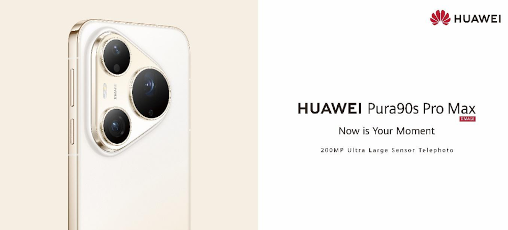 Gráfico publicitario con fondo blanco y beige claro que presenta de perfil la esquina superior trasera del HUAWEI Pura 90s Pro Max en color Dorado Solar. Se destaca el módulo de cámaras de diseño triangular con bordes metálicos dorados texturizados, el cual aloja tres lentes oscuros y la inscripción "XMAGE". A la derecha, en letras negras, se lee el texto institucional: "HUAWEI Pura 90s Pro Max", acompañado por el lema "Now is Your Moment" y la especificación técnica "200MP Ultra Large Sensor Telephoto", coronado por el logotipo rojo de Huawei en la esquina superior.