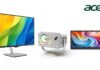 Acer renueva su portafolio visual con monitores QD-OLED, proyectores 4K y soluciones para la productividad móvil Composición gráfica sobre un fondo blanco que exhibe tres dispositivos tecnológicos de Acer. De izquierda a derecha: un monitor de escritorio con base plateada mostrando un gráfico de ondas en tonos verde, amarillo y azul; un proyector portátil blanco y gris sobre un soporte pivotante en forma de U; y un monitor panorámico portátil que muestra un fluido diseño abstracto multicolor. En la esquina superior derecha destaca el logotipo corporativo de Acer en color verde.
