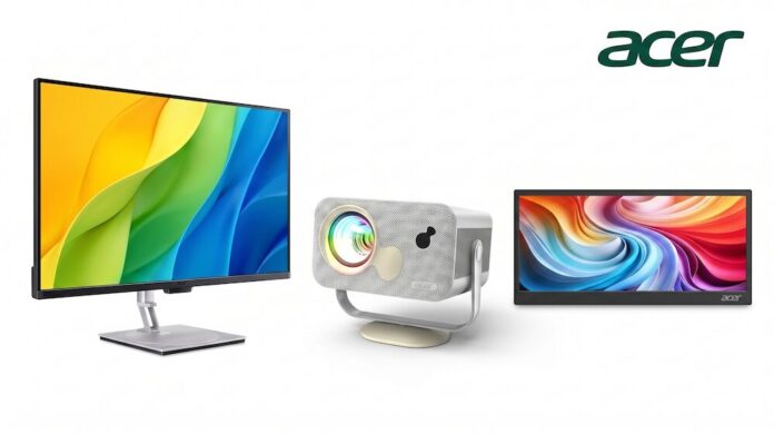Composición gráfica sobre un fondo blanco que exhibe tres dispositivos tecnológicos de Acer. De izquierda a derecha: un monitor de escritorio con base plateada mostrando un gráfico de ondas en tonos verde, amarillo y azul; un proyector portátil blanco y gris sobre un soporte pivotante en forma de U; y un monitor panorámico portátil que muestra un fluido diseño abstracto multicolor. En la esquina superior derecha destaca el logotipo corporativo de Acer en color verde.